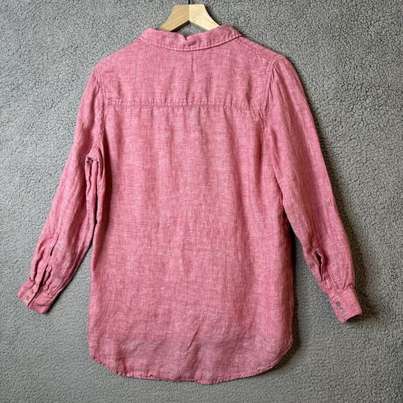 C&C CALIFORNIA Button Up Shirt Womens S Small Pink Linen V Neck Tunic Roll Tab - Picture 10 of 14